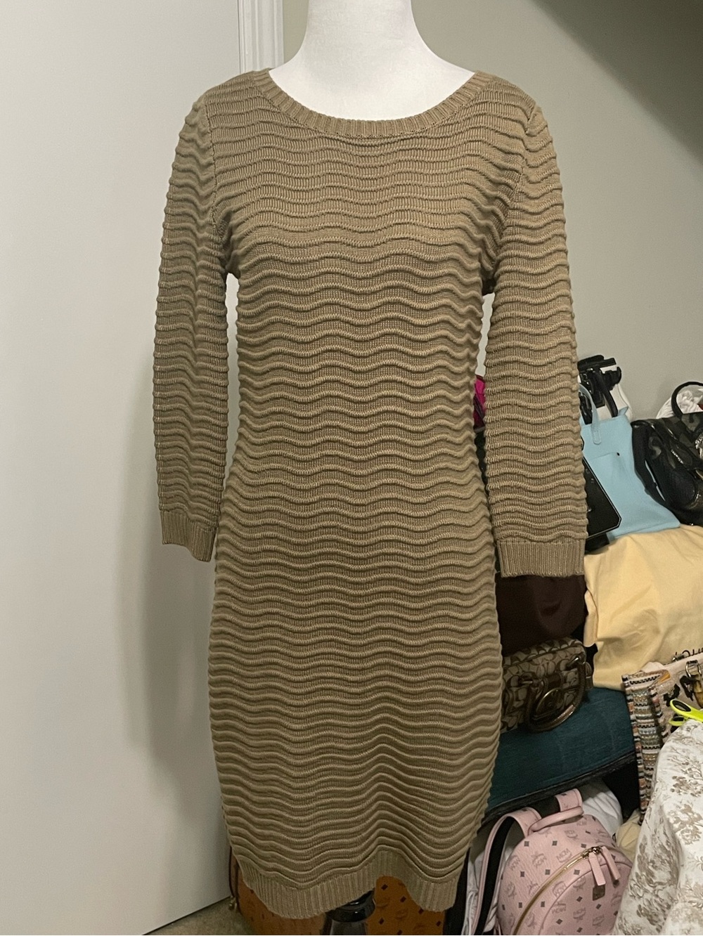 Calvin Klein Wave Knit Long Sleeve Dress in Tan/ taupe